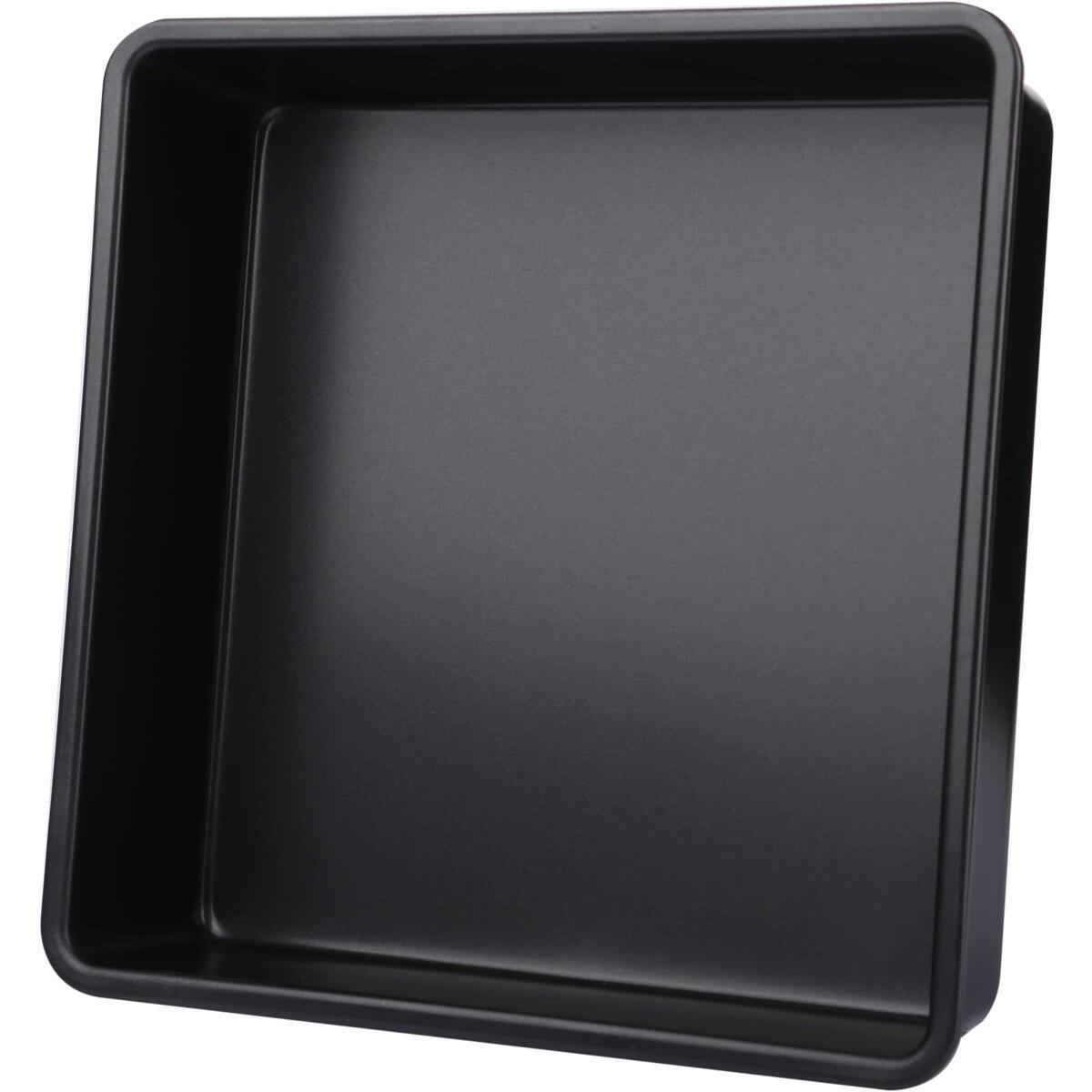Black square baking pan, empty, on a white background.