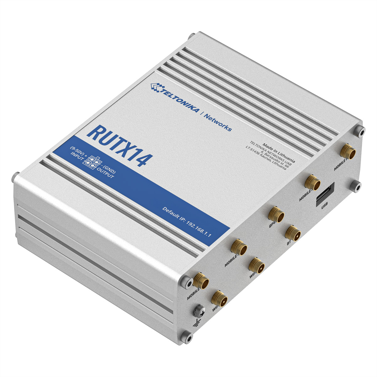 Router argentato con più porte e connessioni per antenna.