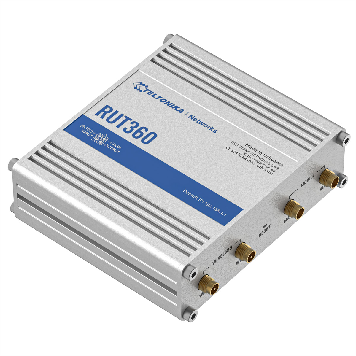 Router argentato con testo 'RUT360' e varie porte etichettate. Sfondo bianco.