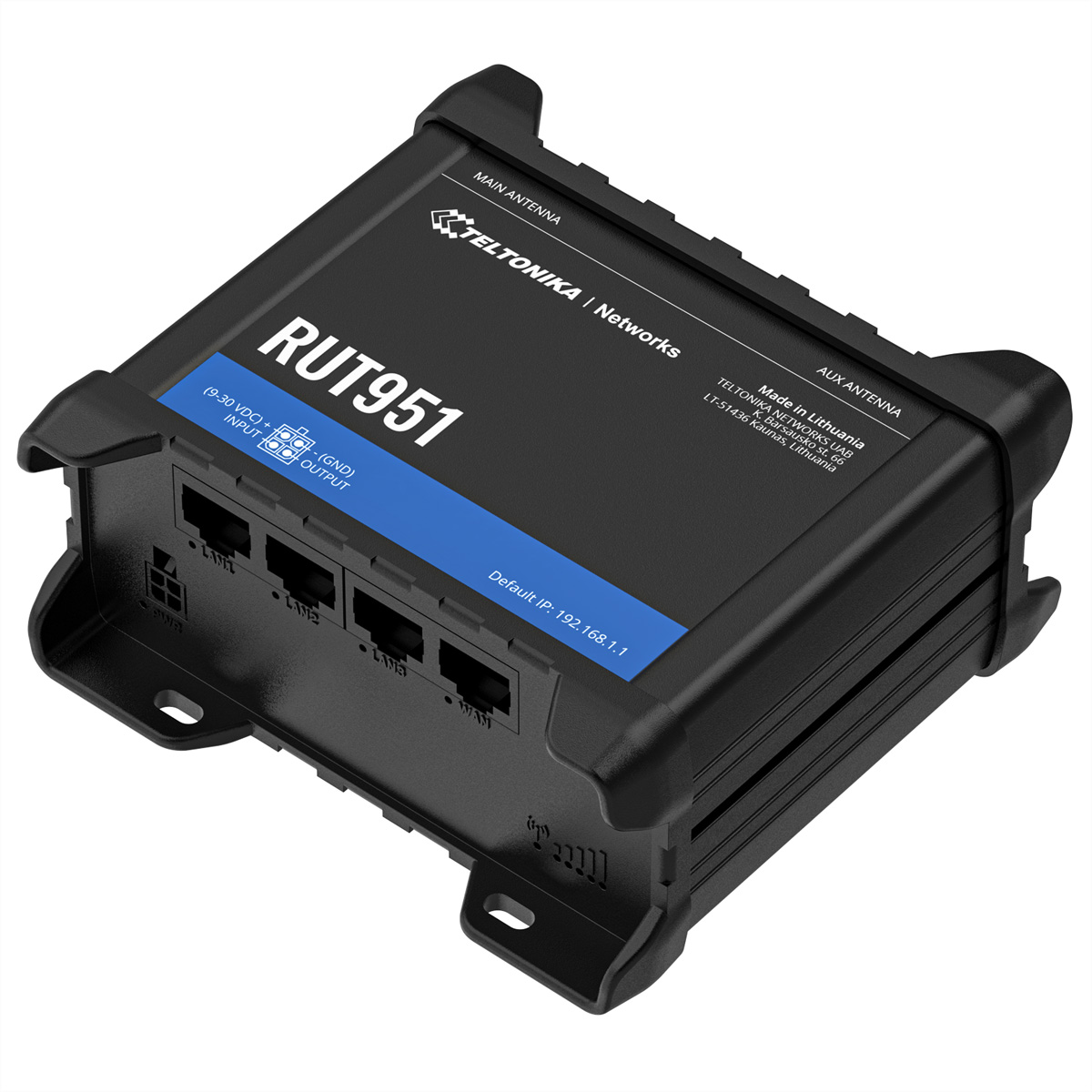Zwarte RUT951-router met poorten, antenne-ingangen en Teltonika-logo.