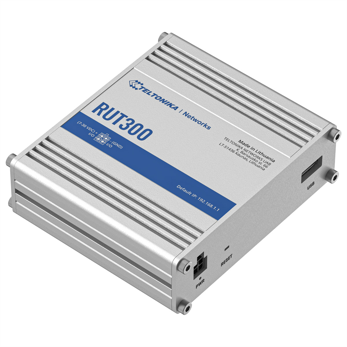 Router di rete argentato con testo e porte. Sfondo bianco.