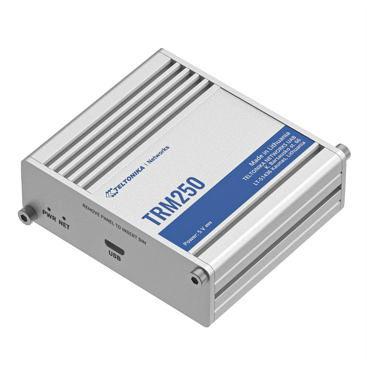 Zilveren TRM250-apparaat met labels, op een witte achtergrond.