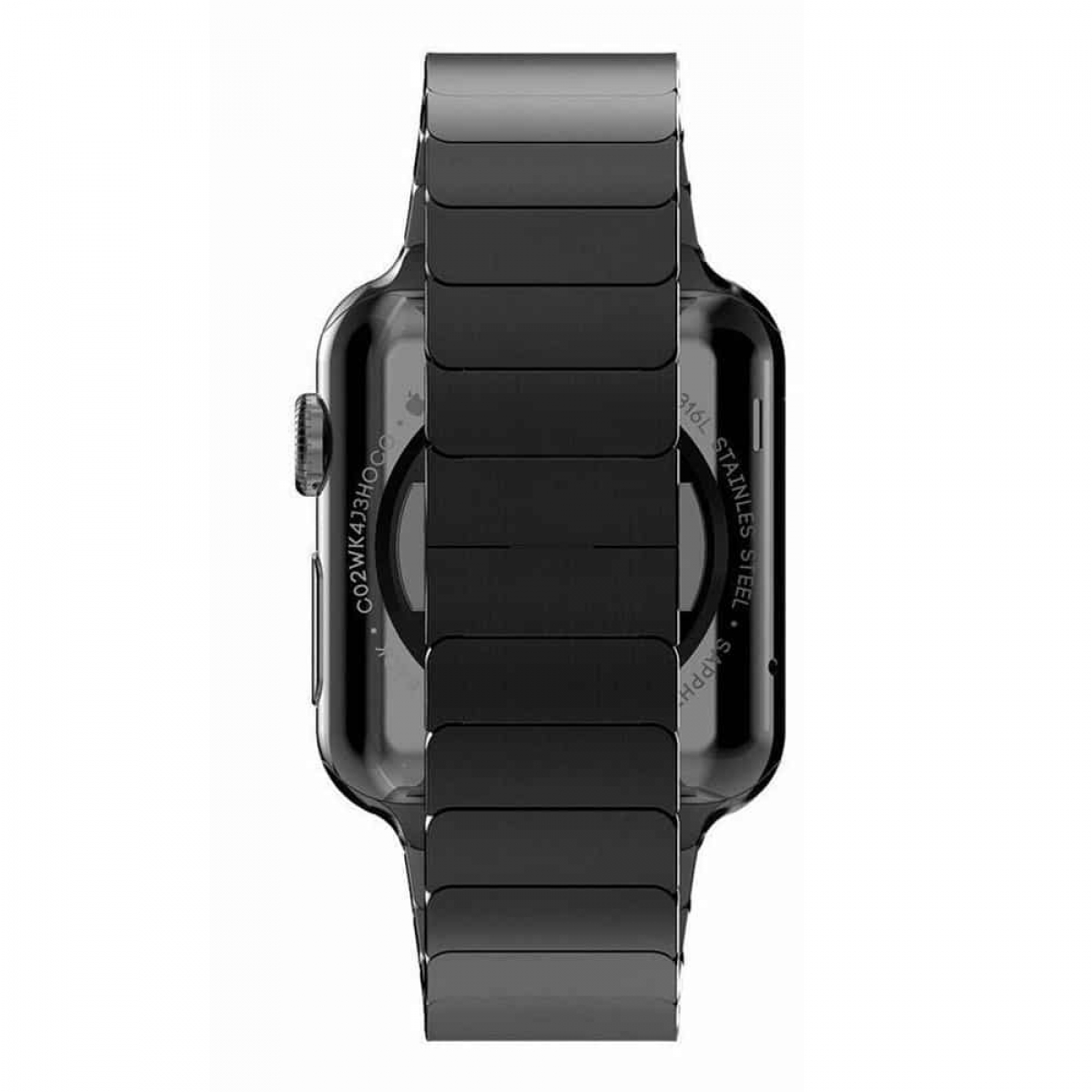 Schwarze Apple Watch mit passendem Gliederarmband.