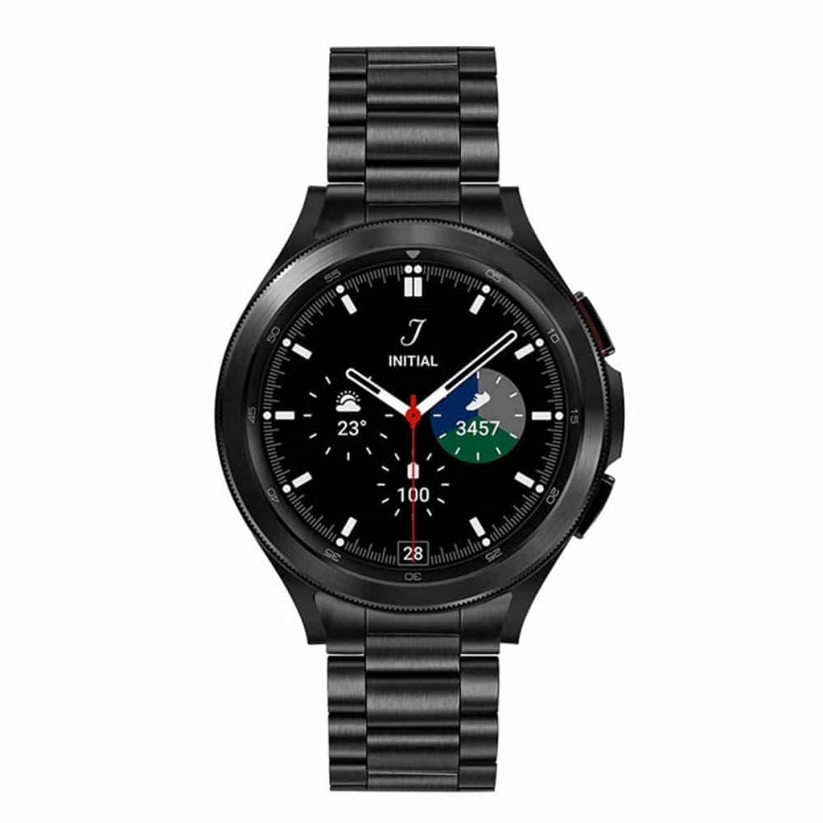 Schwarze Smartwatch mit schwarzem Armband, zeigt Zeit und Gesundheitsdaten.