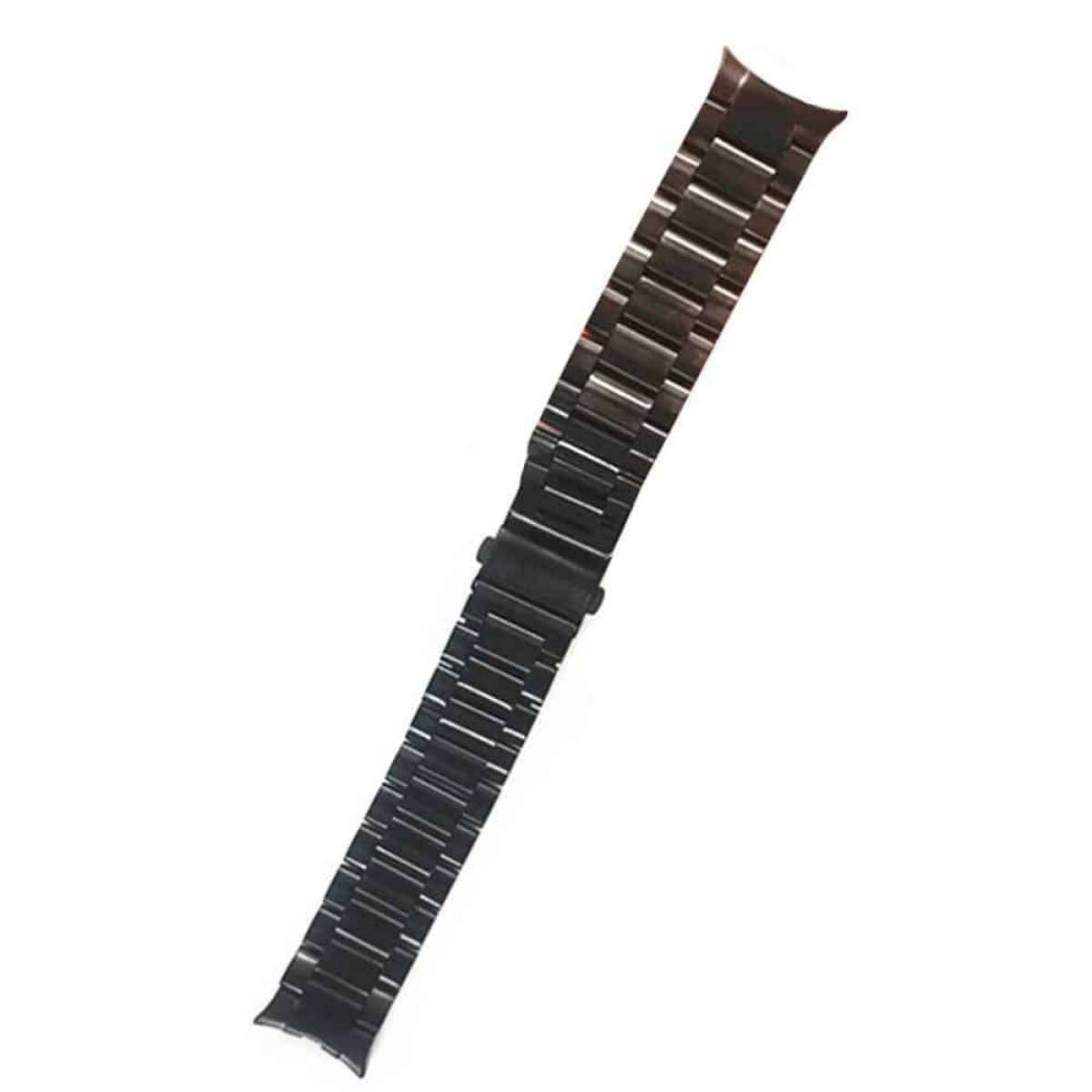 Ein schwarzes Metall-Uhrenarmband, das auf einer weißen Oberfläche liegt.
