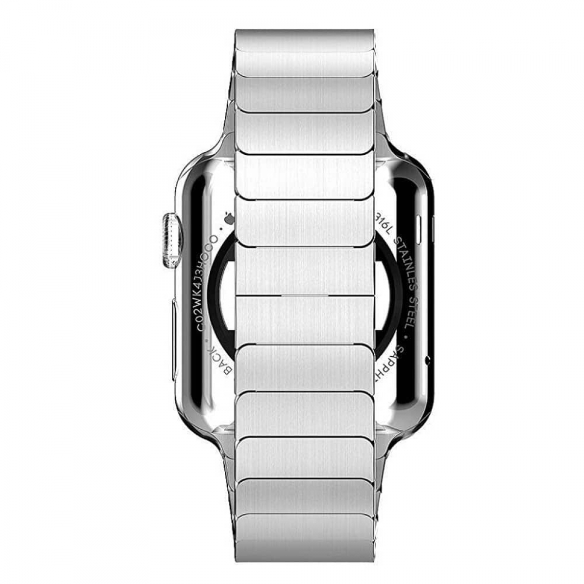Silberne Smartwatch mit silbernem Armband. Die Uhr vor weißem Hintergrund.