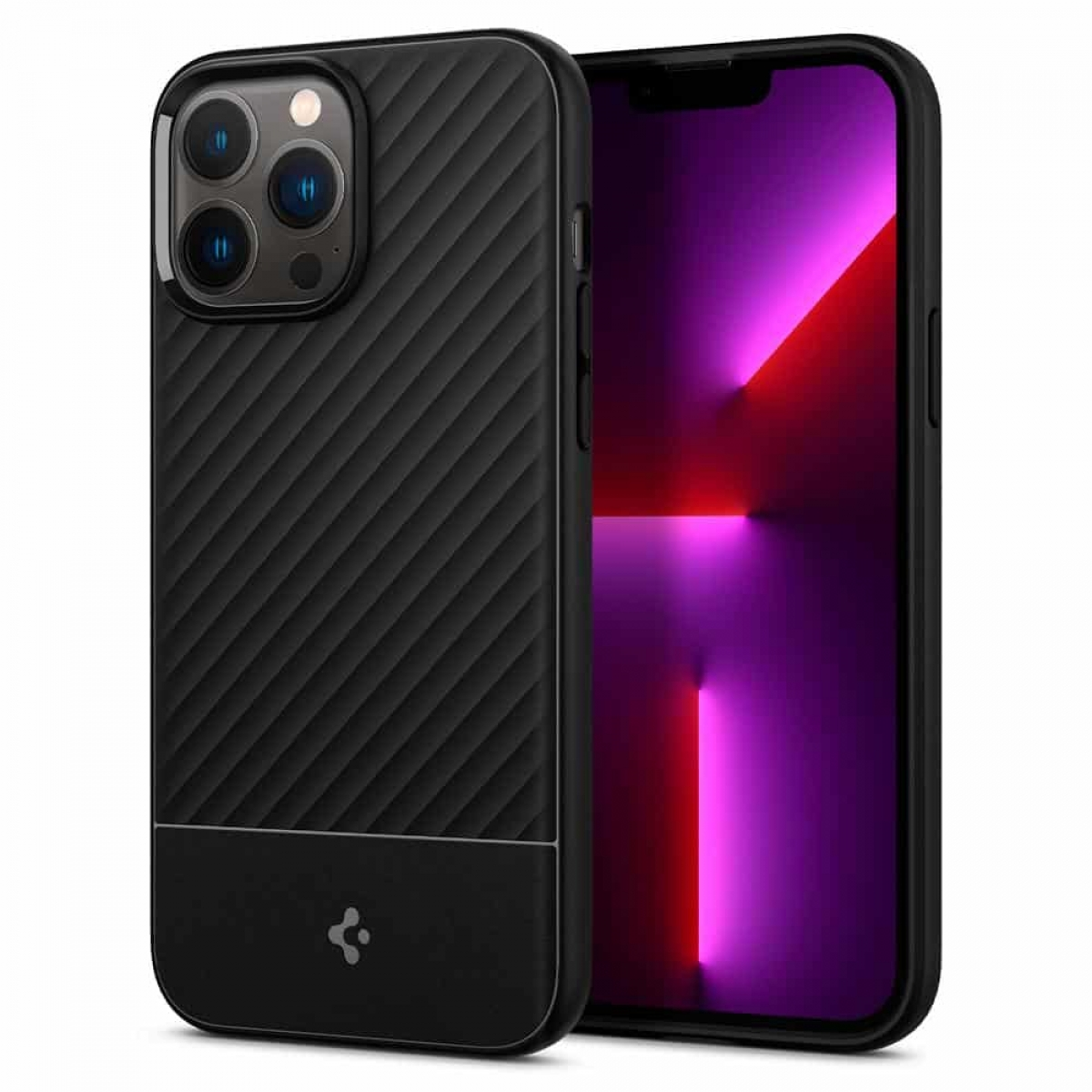 Eine schwarze Handyhülle mit strukturiertem Design auf der Rückseite, mit einem Telefon darin.