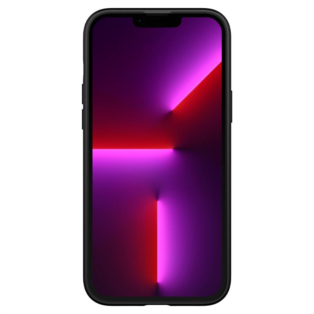 Schwarzes Telefon mit farbenfrohem Bildschirm. Der Bildschirm zeigt einen rosa-roten Farbverlauf. Schwarzer Rahmen.