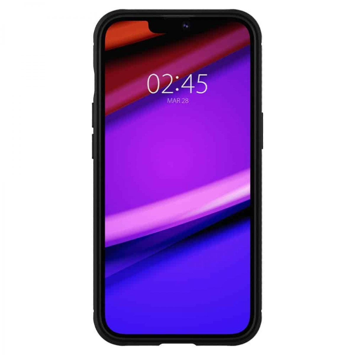 Smartfon, czarna ramka, fioletowy ekran. Godzina i data na ekranie. Czarna ramka.