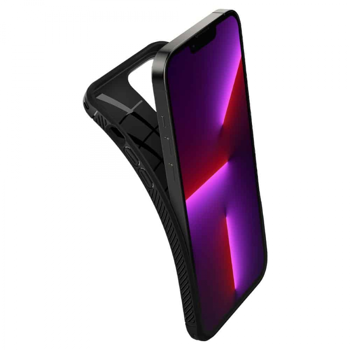 Ein schwarzes iPhone mit gewölbter Rückseite, nach oben abgewinkelt. Lila und rosa Bildschirm. Schwarze Rückseite.
