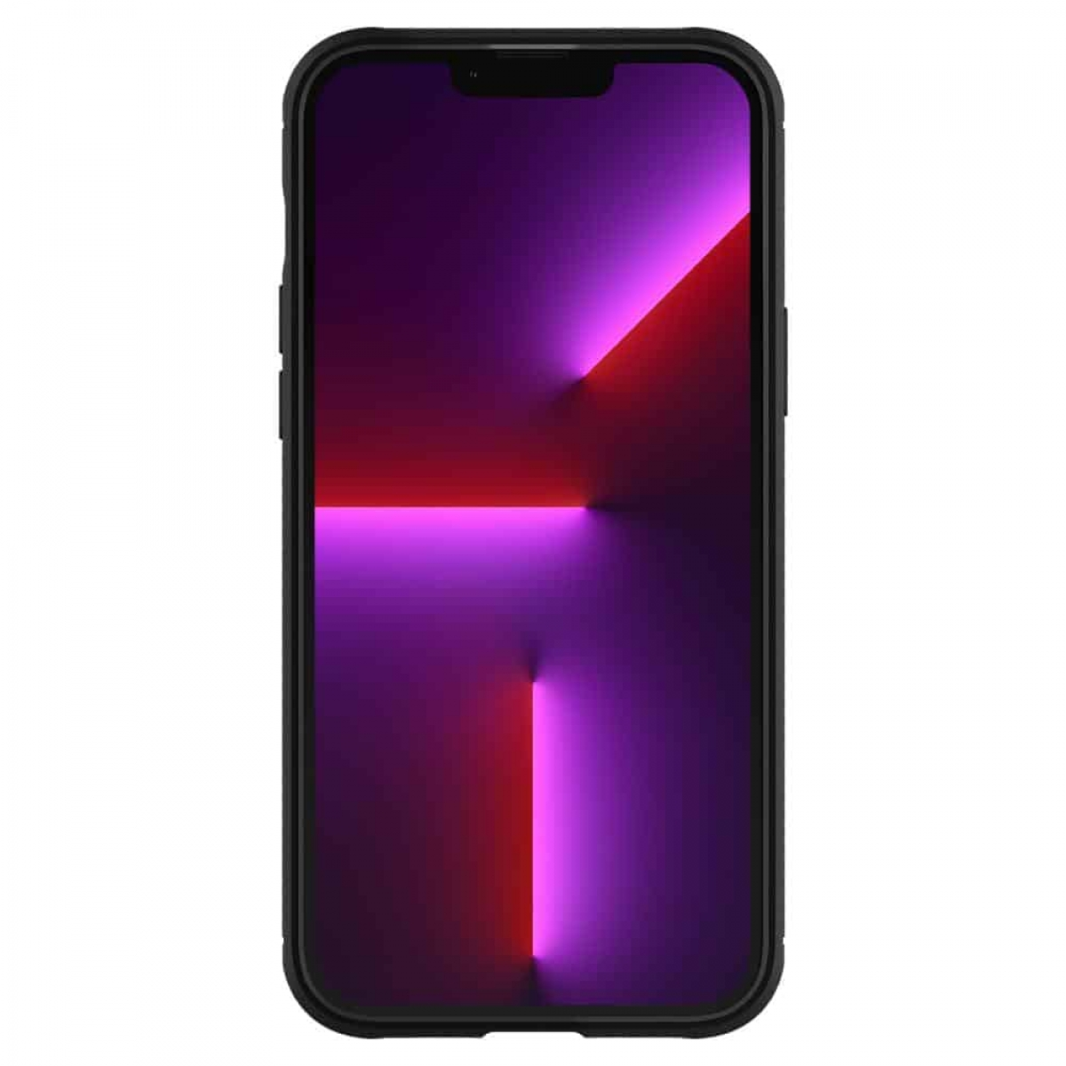 Ein Smartphone mit schwarzem Gehäuse. Der Bildschirm zeigt einen violett-roten Farbverlaufshintergrund.