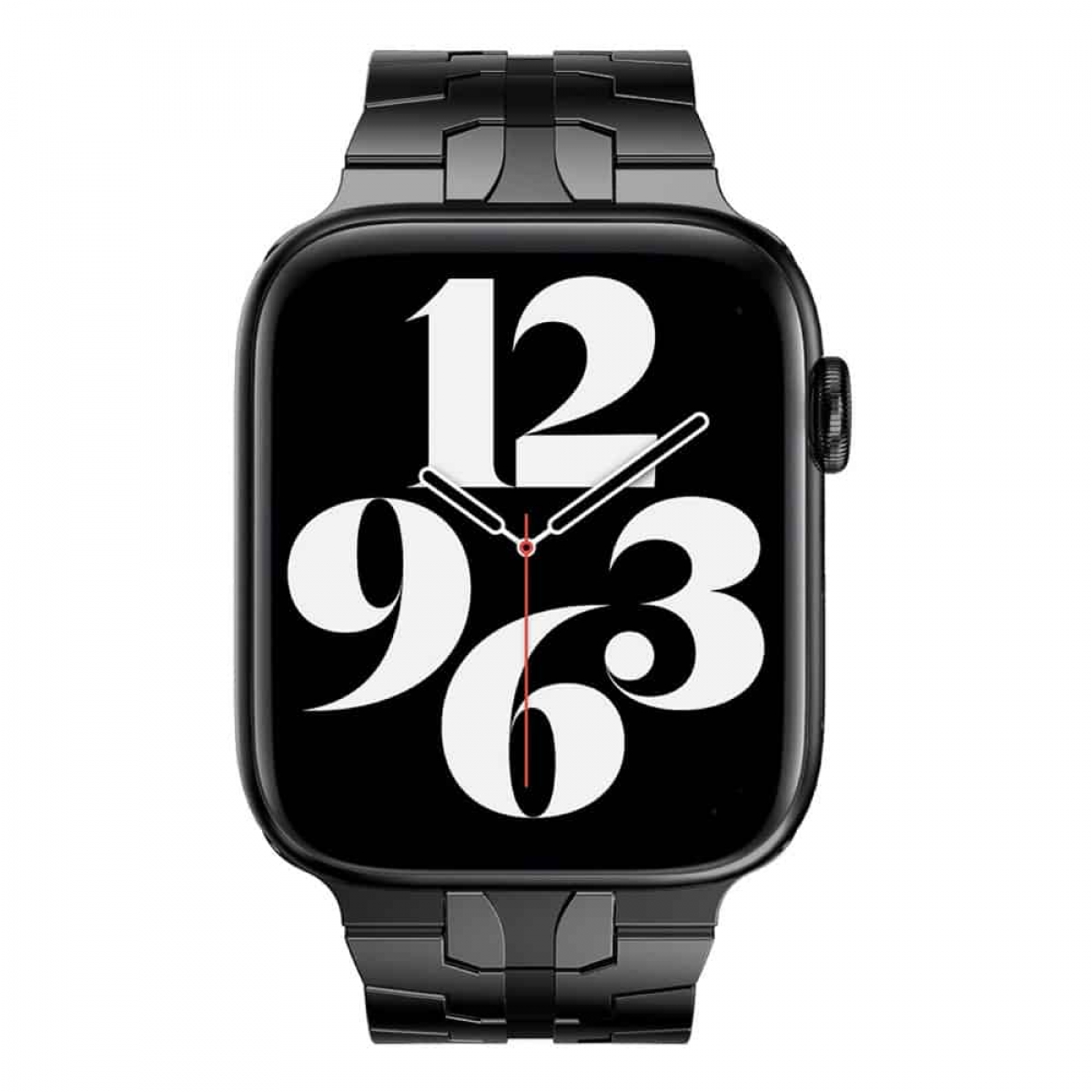 Schwarze Smartwatch mit schwarz-weißem Display, zeigt die Uhrzeit.