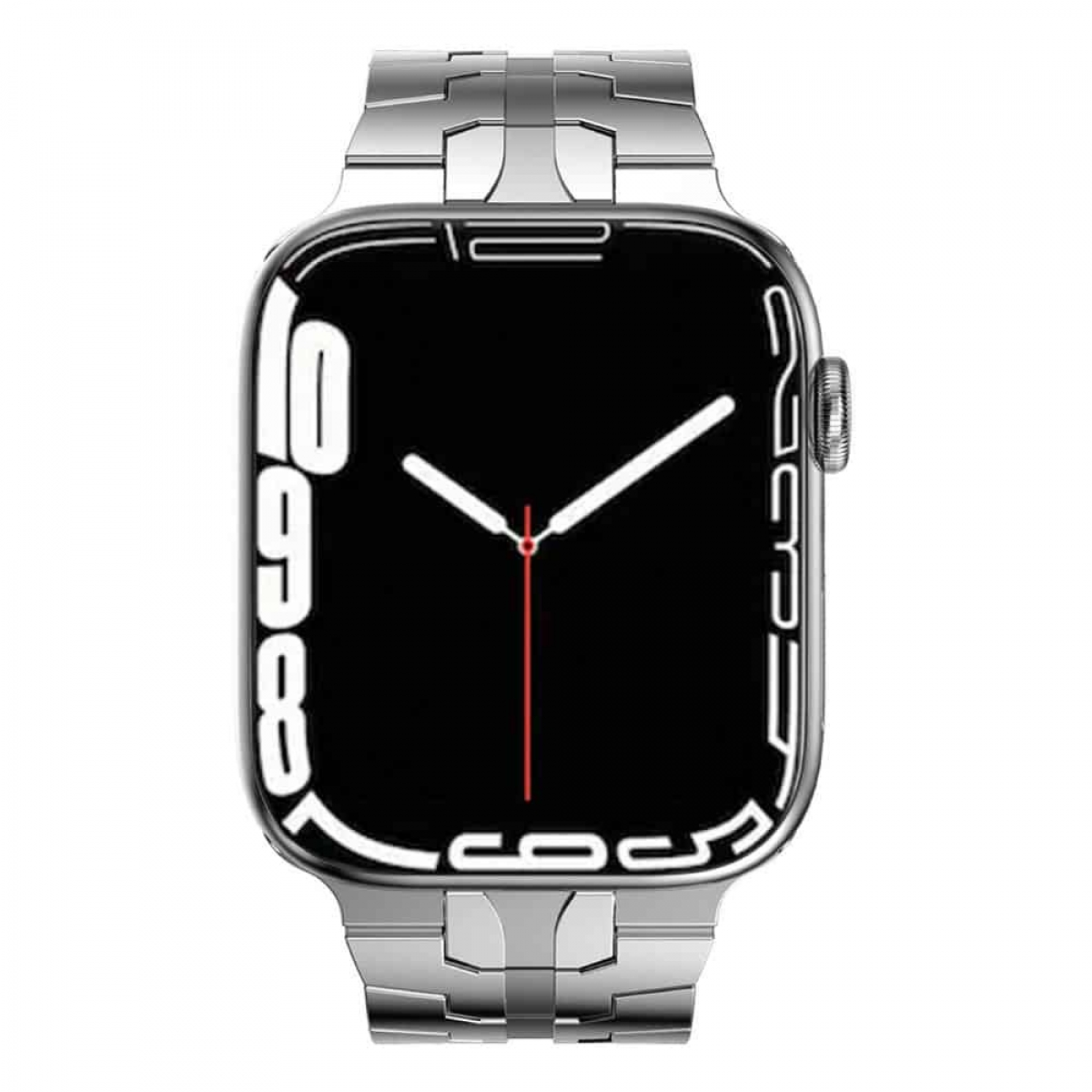 Silberne Smartwatch mit schwarzem Display. Zeigt Zahlen und Zeiger.