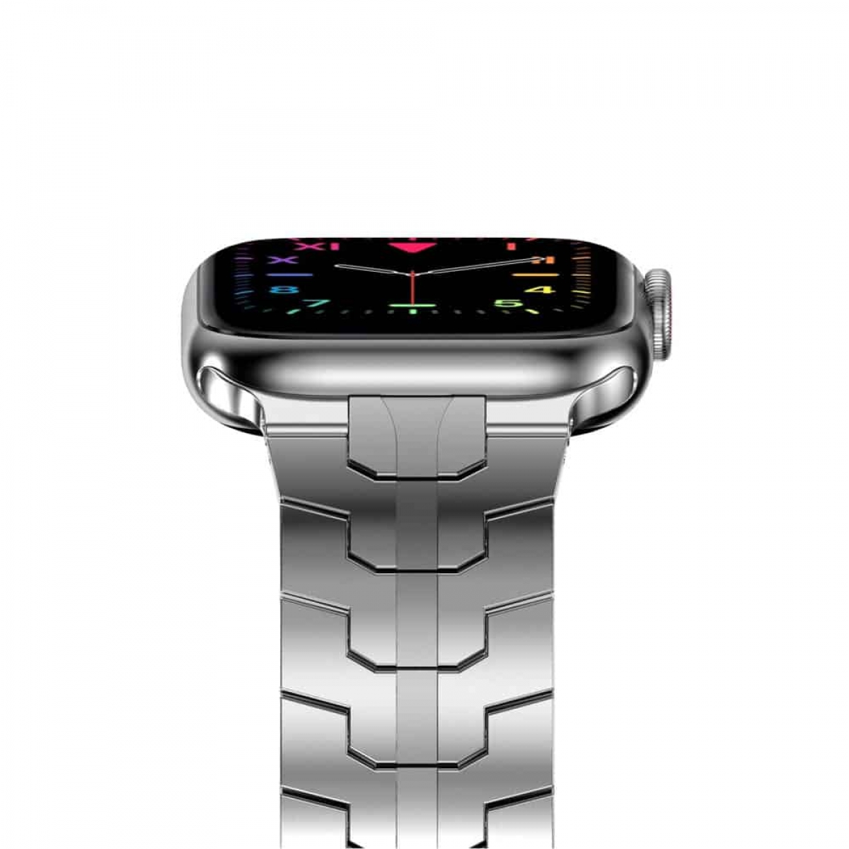 Eine silberne Smartwatch mit silbernem Armband. Der Bildschirm zeigt farbenfrohe Grafiken.