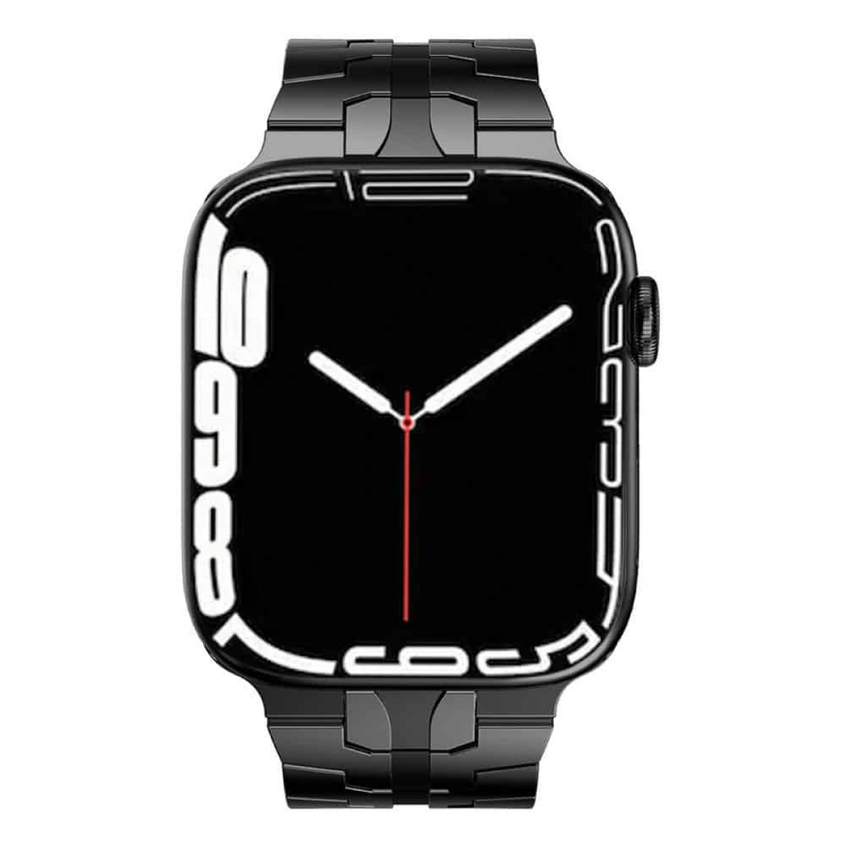 Schwarze Smartwatch mit schwarzem Armband. Das Zifferblatt zeigt ein schwarzes Zifferblatt mit weißen Ziffern und Zeigern.