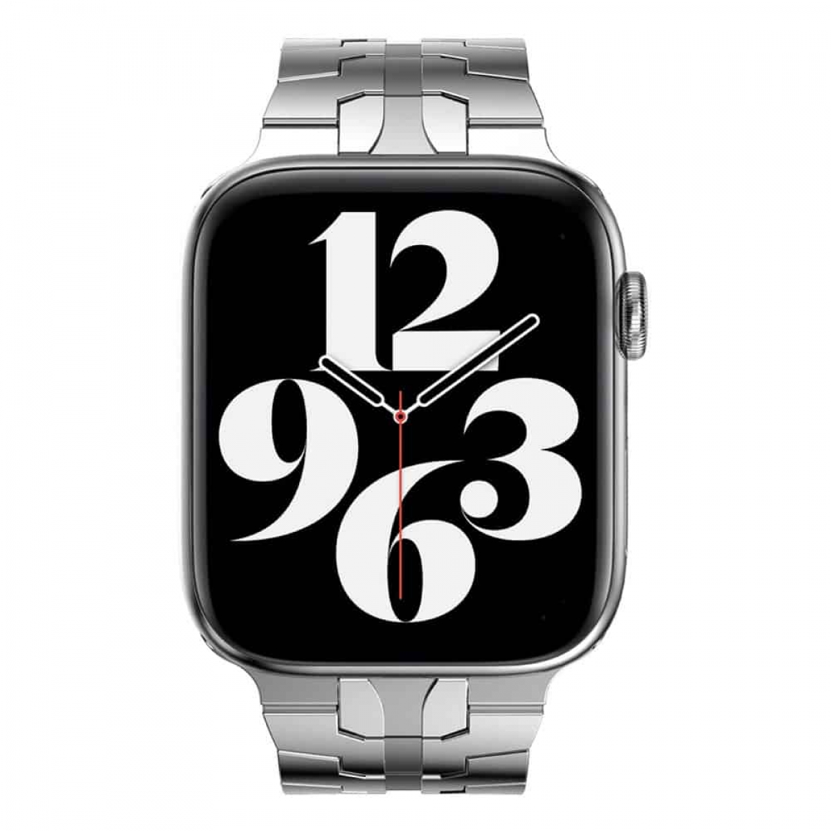 Silberne Apple Watch mit schwarzem Bildschirm, der ein Zifferblatt zeigt. Die Armbänder sind ebenfalls silber.