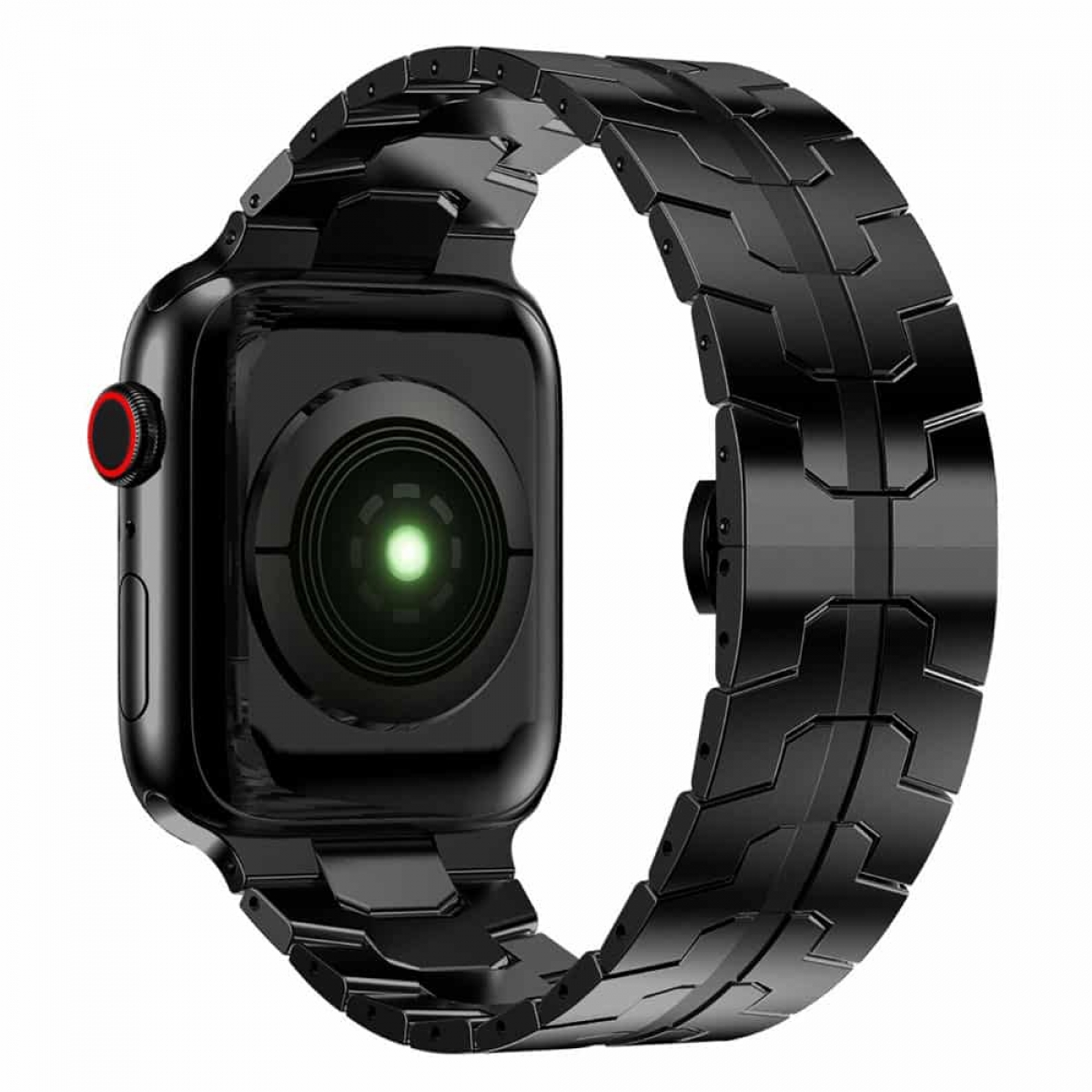 Schwarzes Metall-Uhrenarmband mit schwarzem Zifferblatt und rotem Akzent.