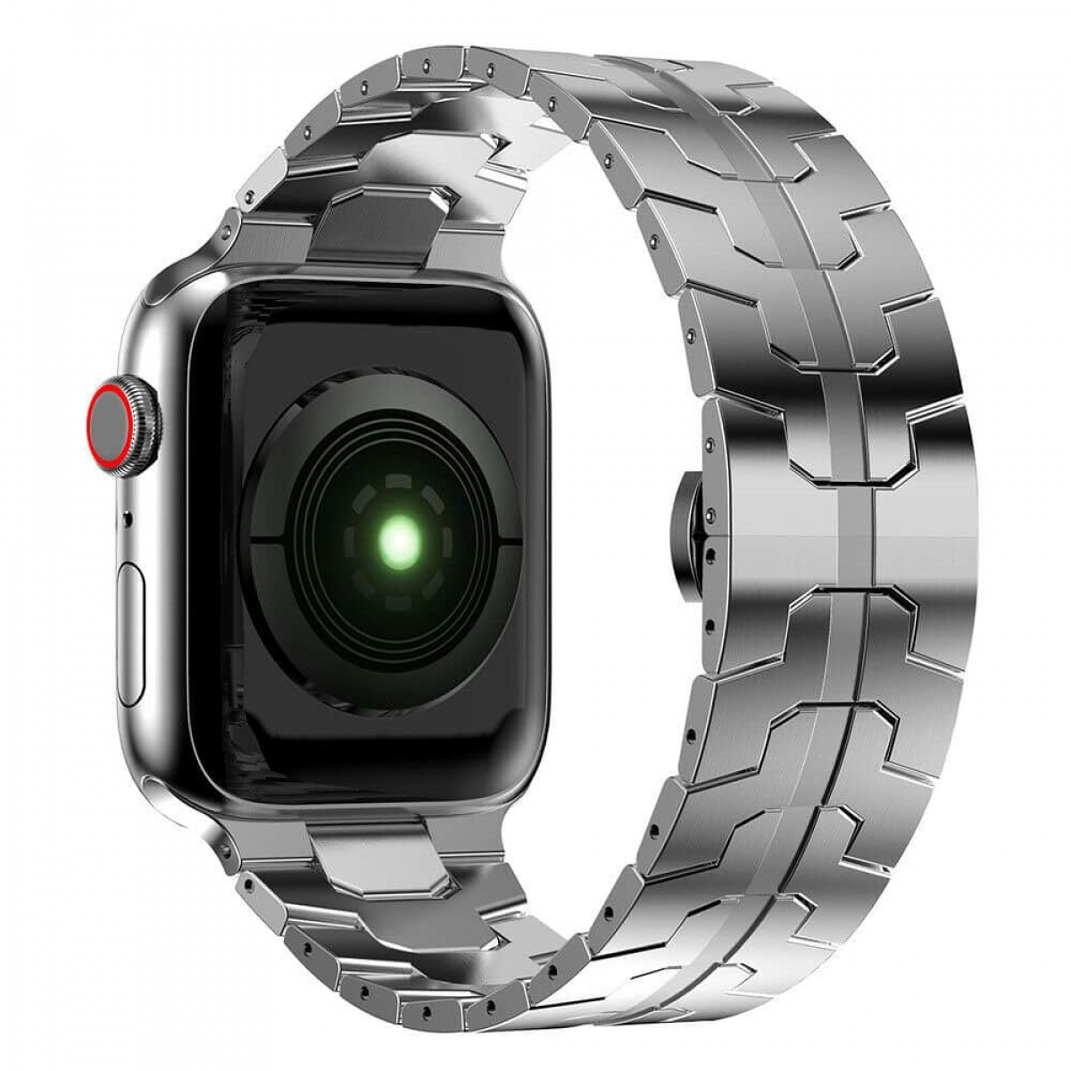 Eine silberne Uhr mit silbernem Armband, mit grünem Licht in der Uhr.