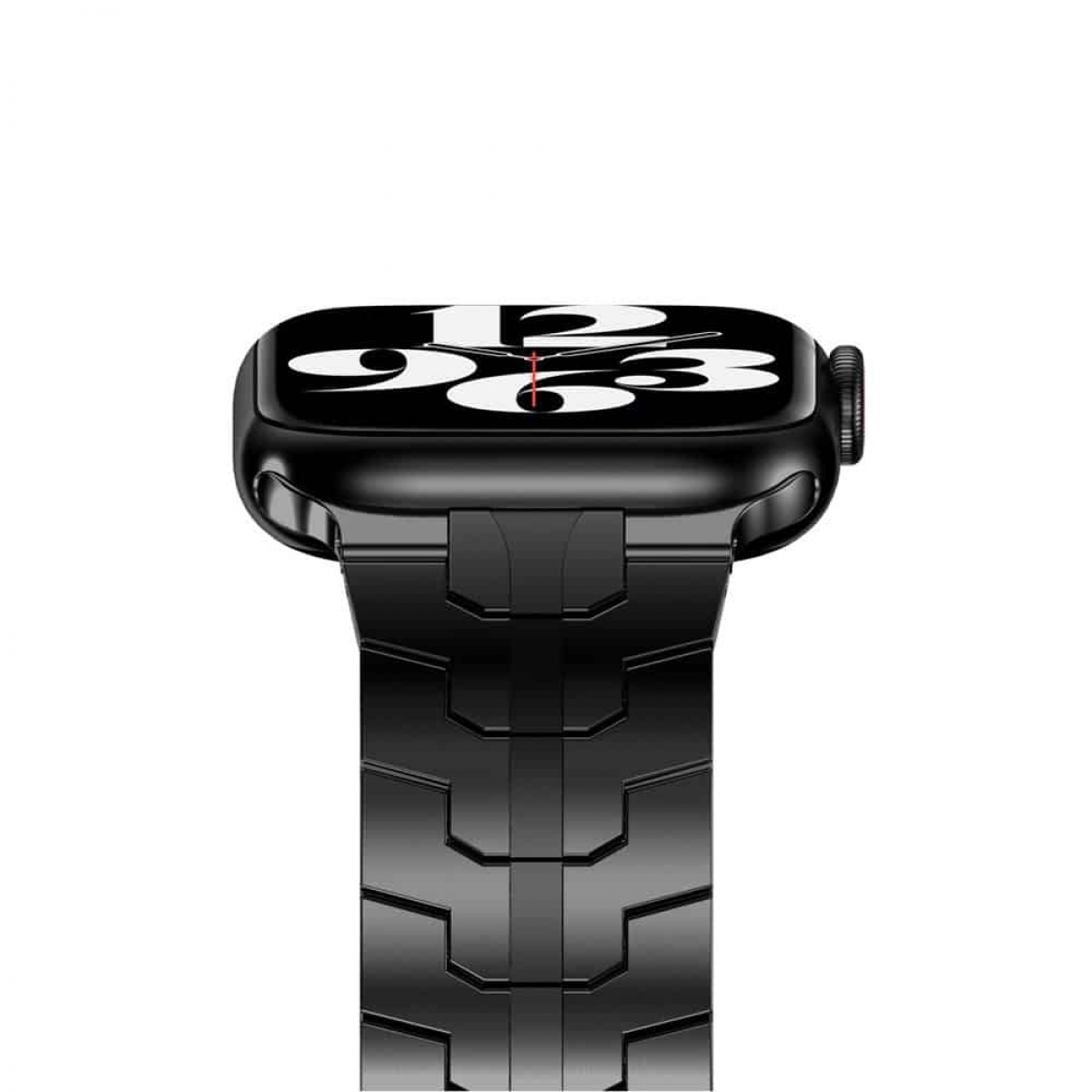 Schwarze Smartwatch mit Metallarmband, Uhrzeit auf dem Bildschirm sichtbar. Weißer Hintergrund.