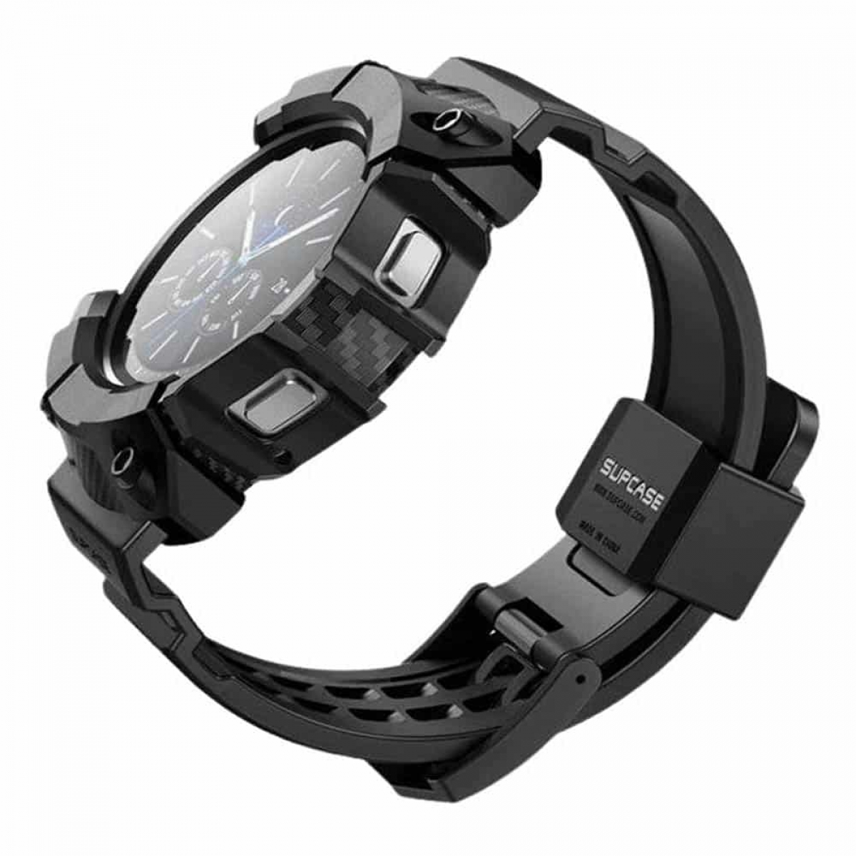 Schwarze Smartwatch in einer Schutzhülle, die das Zifferblatt und das Banddesign zeigt.