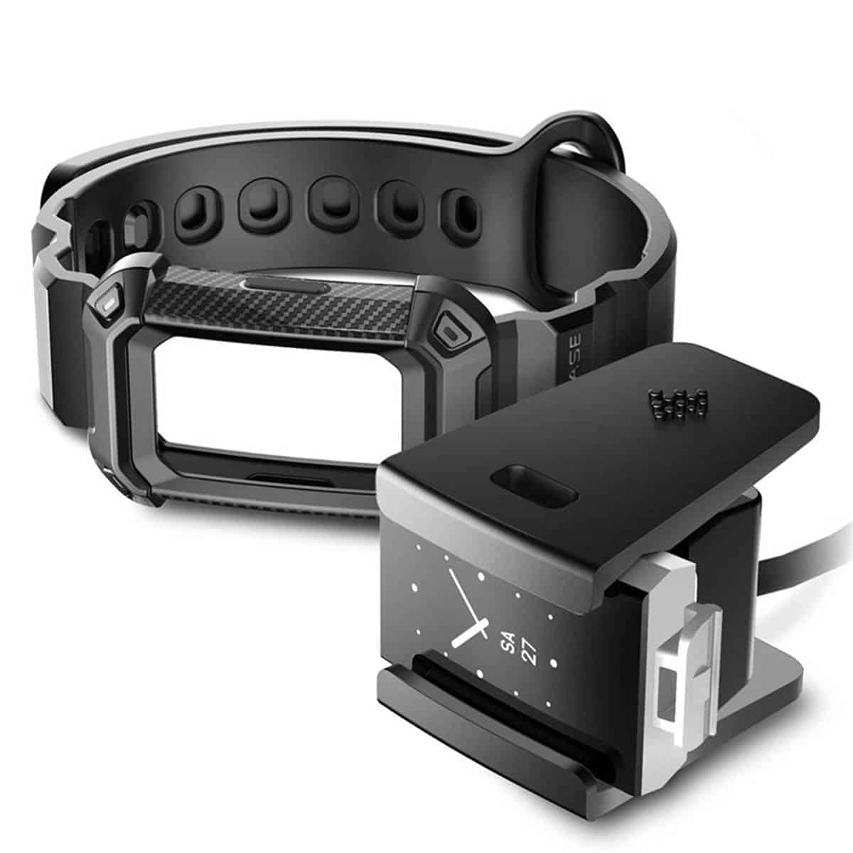 Schwarze Smartwatch mit Ladegerät. Enthält Armband, Ladegerät und Zifferblatt. Das Ladegerät ist seitlich abgewinkelt.