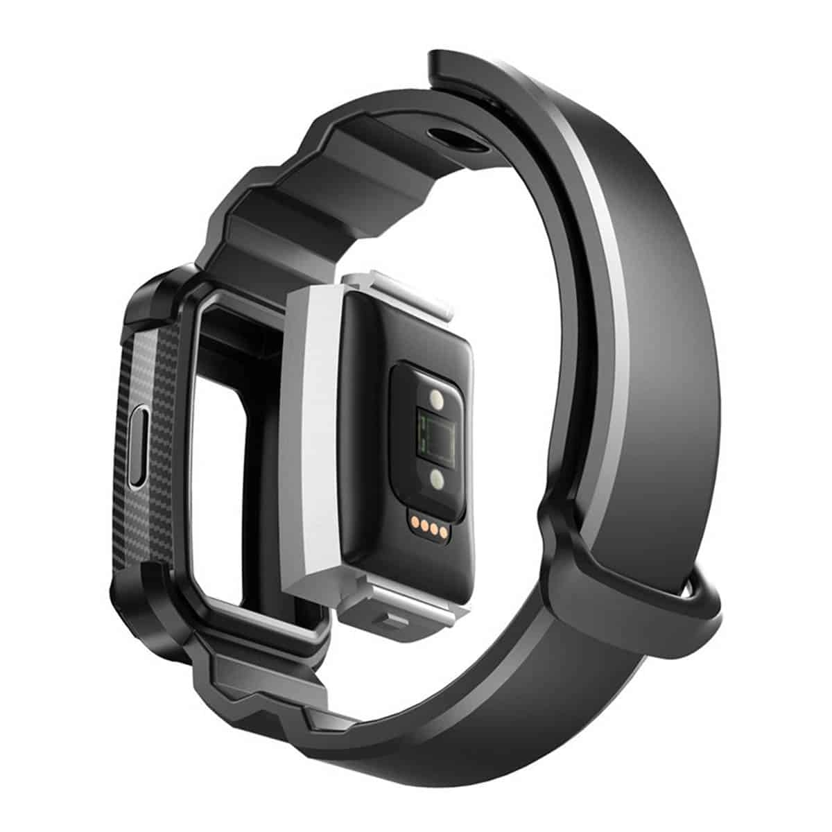 Schwarzes Smartwatch-Armband mit einem Uhrenkomponent, das einen schwarzen Bildschirm anzeigt.