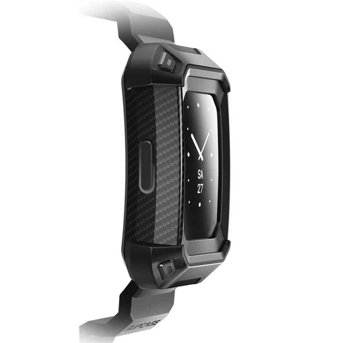 Schwarze Smartwatch mit Bildschirm, schwarzem Armband und strukturierter Seite.