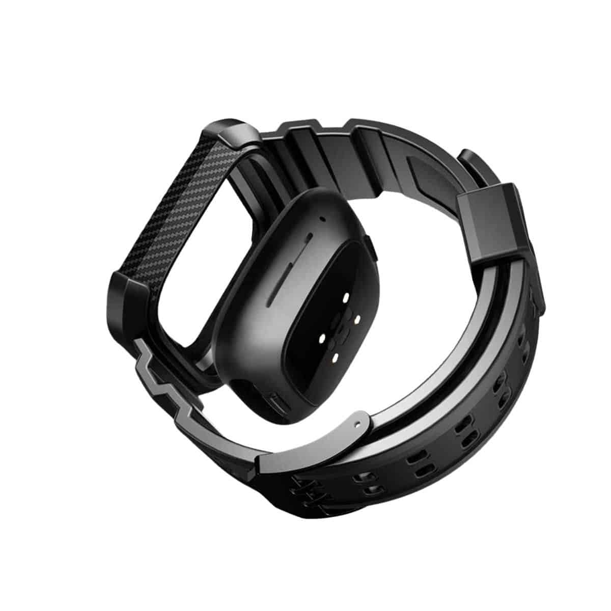 Schwarzer Fitnesstracker mit schwarzem Armband und schwarzem Gerät, isoliert auf weißem Hintergrund.