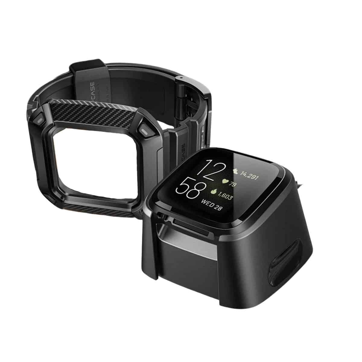 Schwarzes Uhrengehäuse und eine schwarze Smartwatch. Weißer Hintergrund.