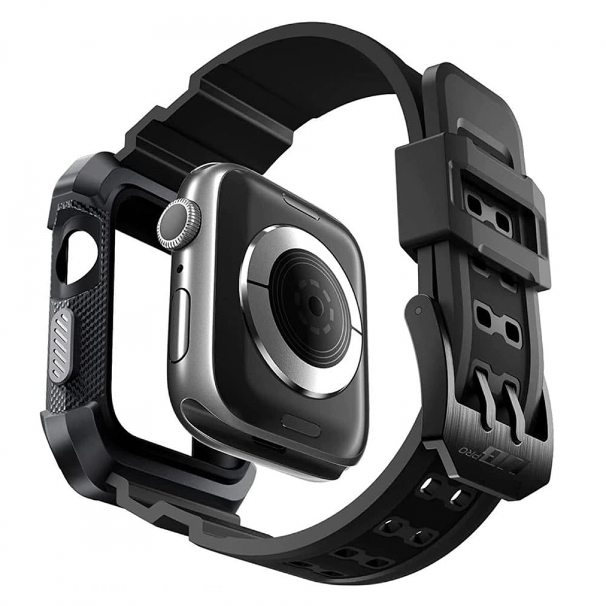 Schwarze Smartwatch mit silbernen Akzenten in einer Schutzhülle. Schwarzes Armband mit Schnalle.