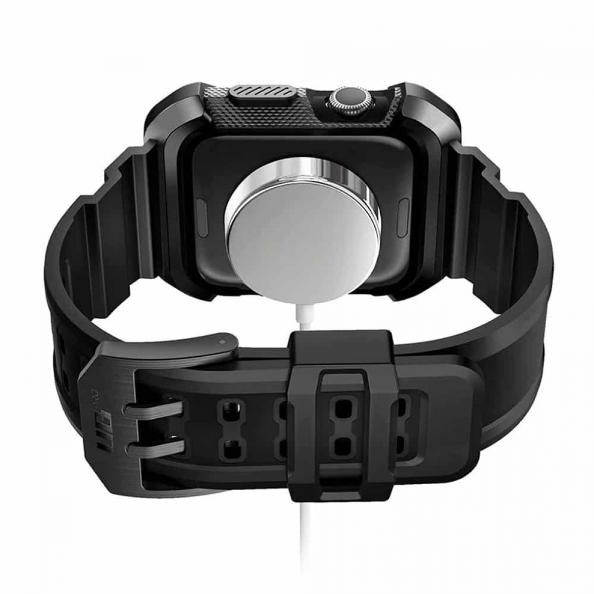 Schwarze Uhr mit schwarzem Armband und Ladestation. Die Uhr ist mit dem Ladegerät verbunden.