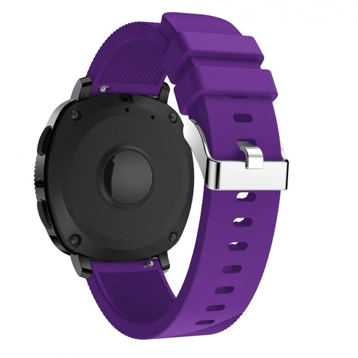 Lila Smartwatch mit lila Armband. Die Rückseite der Uhr ist sichtbar.