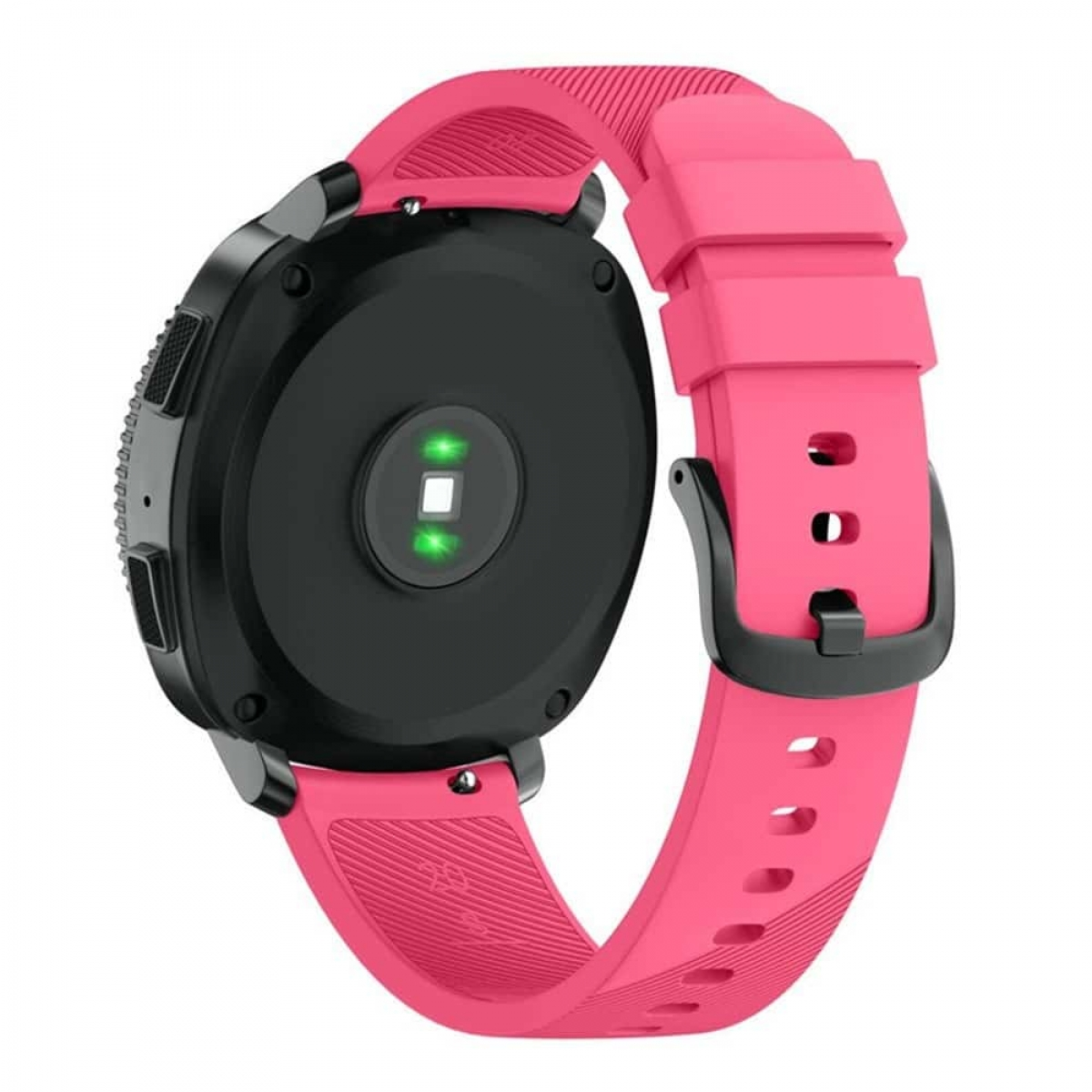 Rosa Smartwatch mit rosa Armband und schwarzer Schnalle. Schwarzer Sensor hinten.