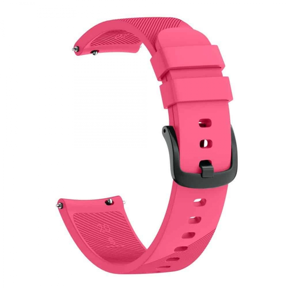 Ein rosa Uhrenarmband mit schwarzer Schnalle, vor weißem Hintergrund.