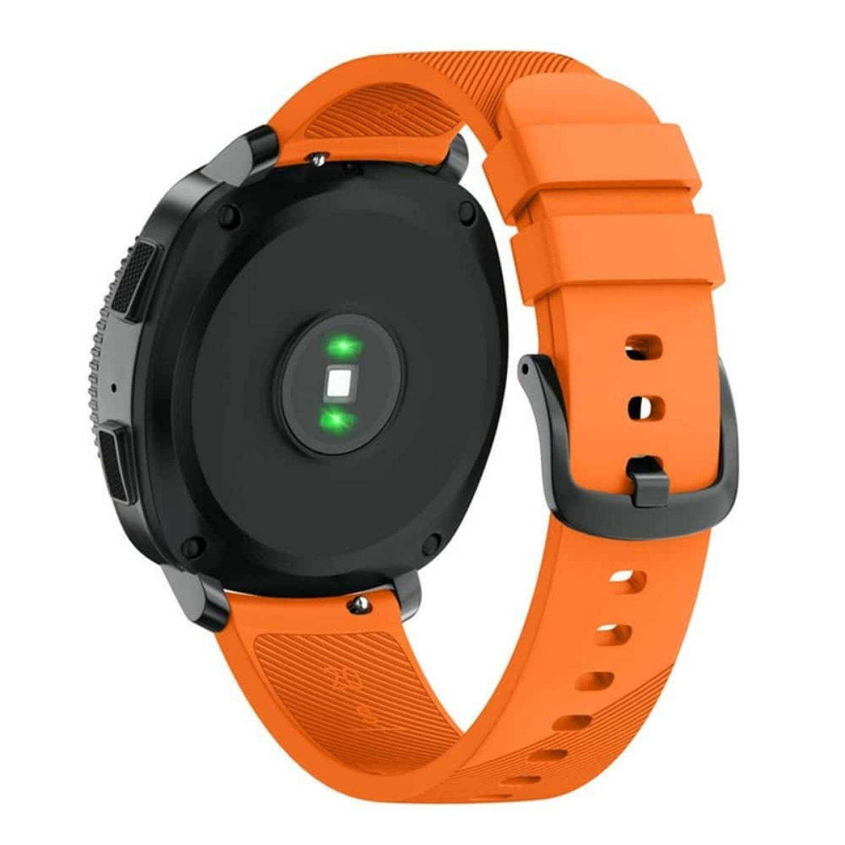 Rückseite einer orangefarbenen Smartwatch mit schwarzen Akzenten und passendem orangefarbenem Armband. Herzfrequenzsensor sichtbar.