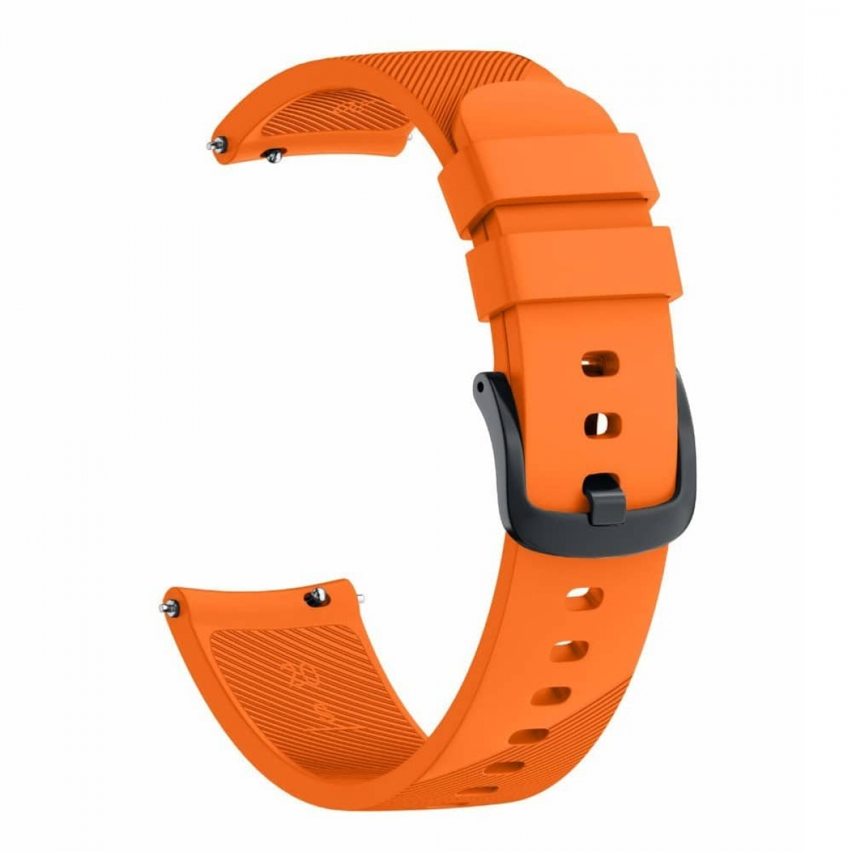 Ein orangefarbenes Uhrenarmband, gebogen, mit schwarzer Schnalle und Löchern zur Einstellung.