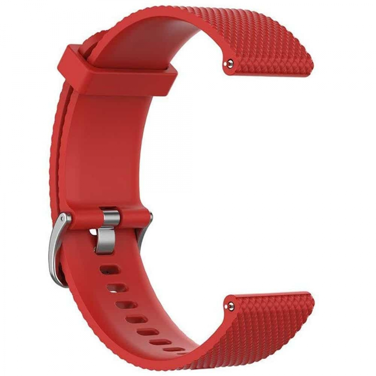 Rotes Uhrenarmband. Das Band ist rot, mit silberner Schnalle und Löchern zur Anpassung.