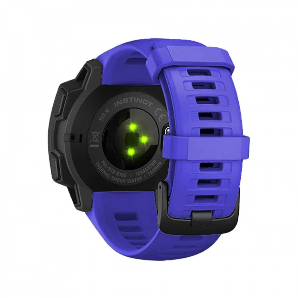 Eine schwarze und blaue Smartwatch, die Rückseite mit Herzfrequenzsensor und Armband zeigend.