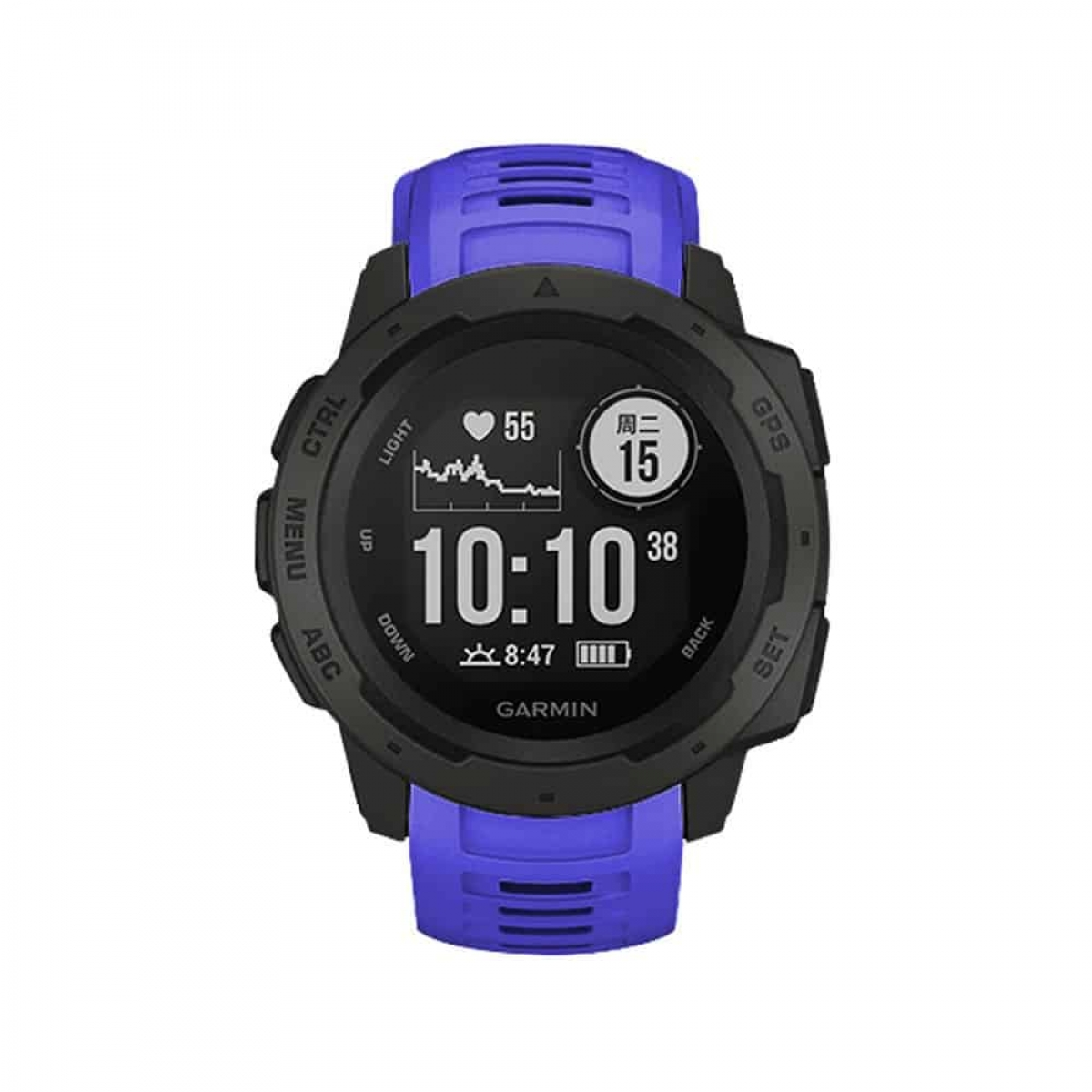 Schwarze Smartwatch mit blauem Armband. Das Display zeigt Zeit, Herzfrequenz und andere Daten. Knöpfe an den Seiten.