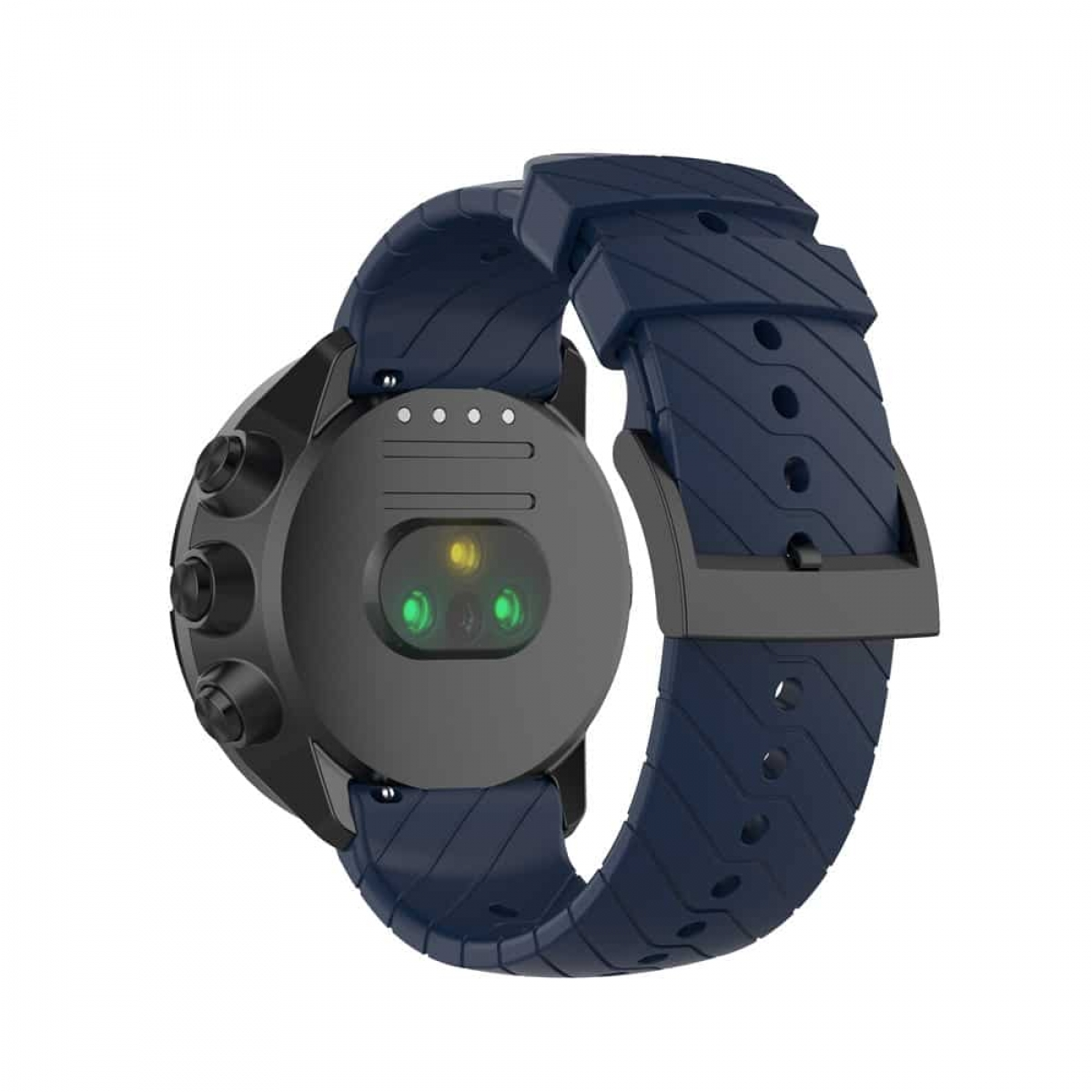 Schwarze Smartwatch mit dunkelblauem Armband, Rückseite der Uhr.