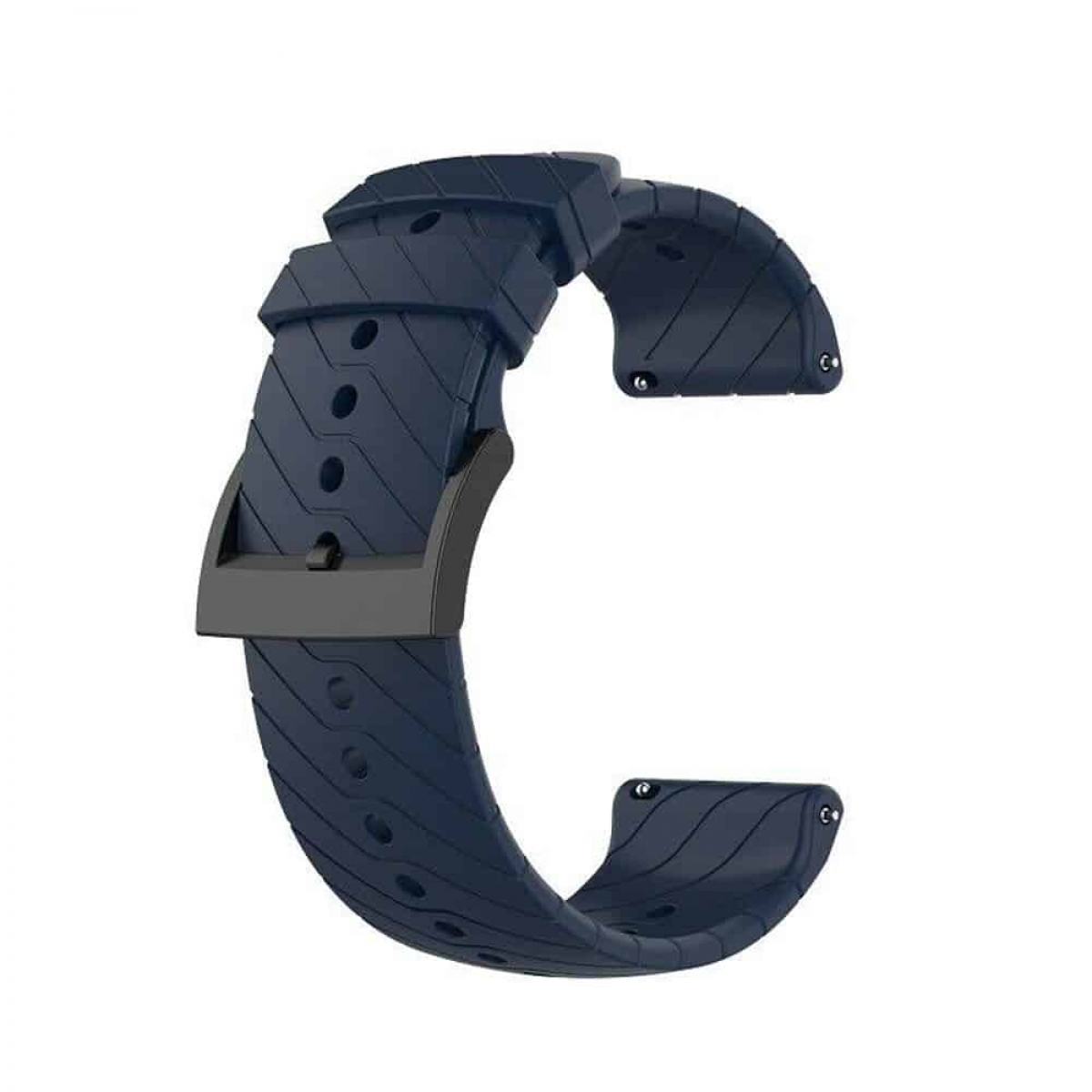 Dunkelblaues Uhrenarmband. Schwarze Schnalle. Weißer Hintergrund.
