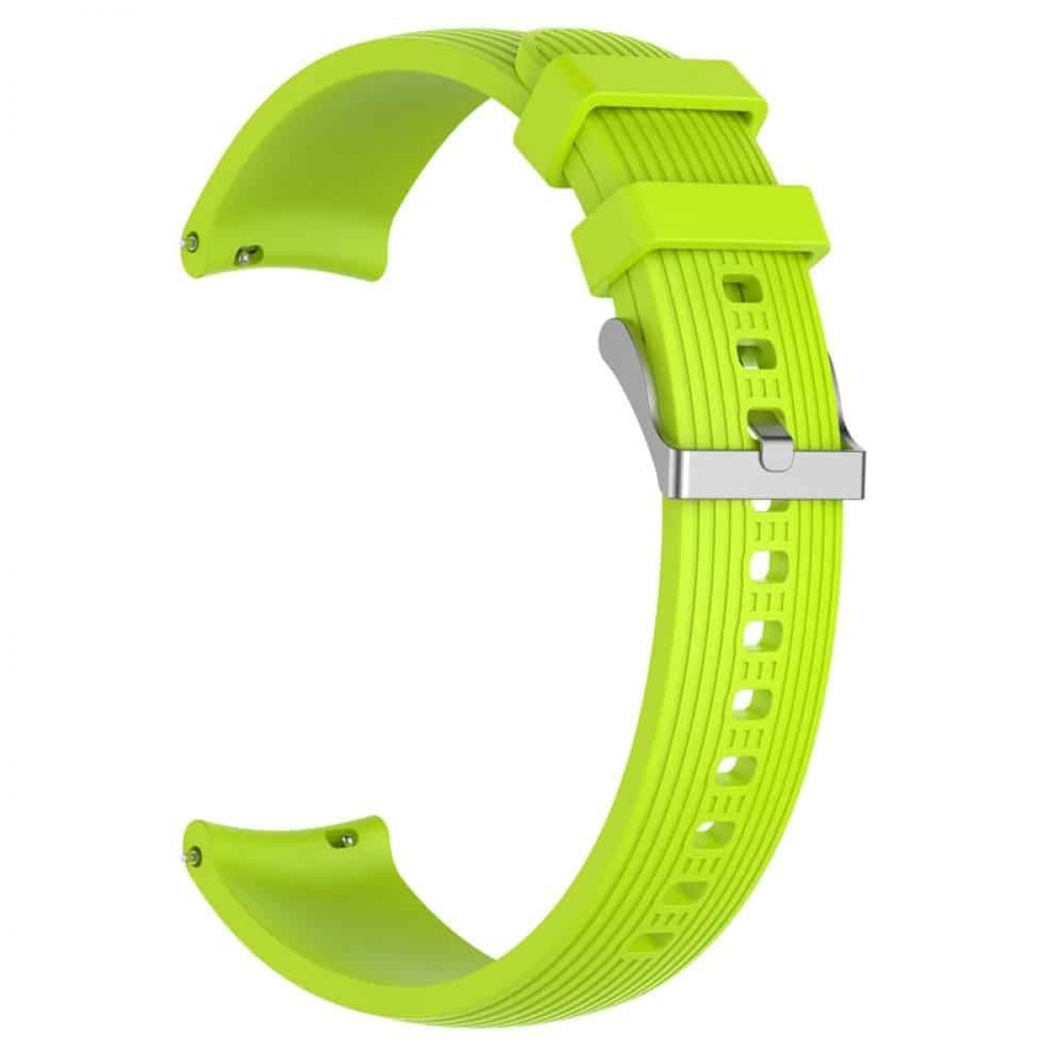 Limettengrünes Uhrenarmband, silberne Schnalle. Parallele Linien auf dem Band. C-Form.