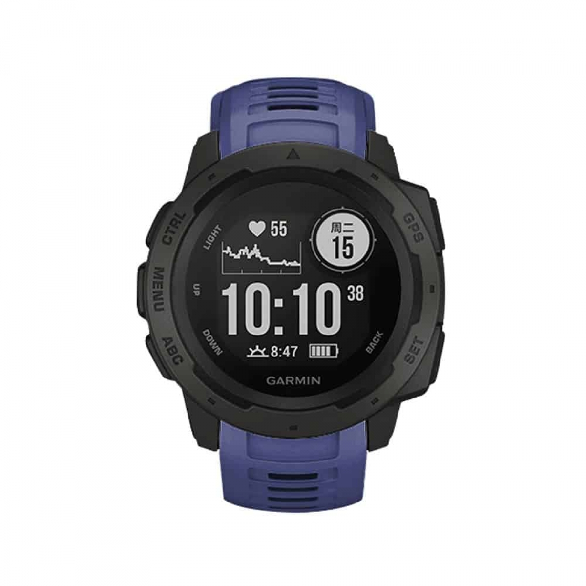 Smartwatch mit Anzeige von Zeit, Herzfrequenz und anderen Infos. Schwarz-blaues Design, isoliert auf Weiß.
