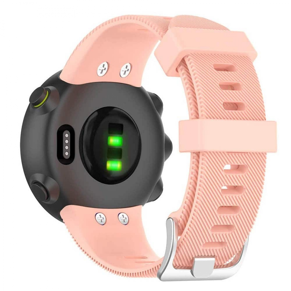 Eine schwarze Smartwatch mit pinkfarbenem Armband, Rückansicht, mit Sensoren und Anschlüssen.
