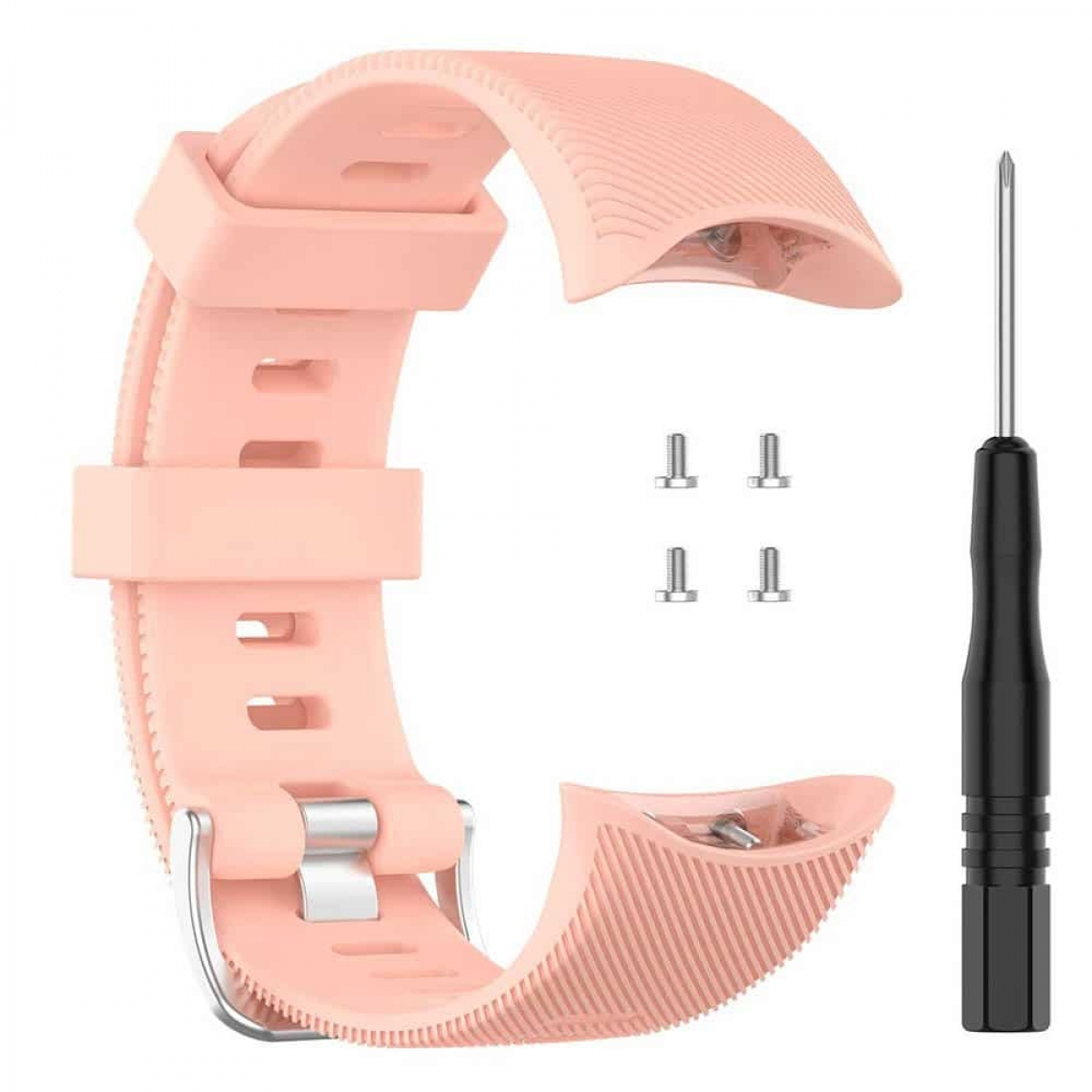 Ein rosa Armband mit Schraubendreher und Schrauben. Es ist ein Ersatzband.