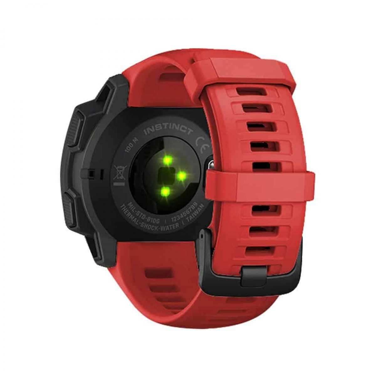 Eine rote Smartwatch mit schwarzen Akzenten. Die Rückseite zeigt Sensoren und das Label 'INSTINCT'.