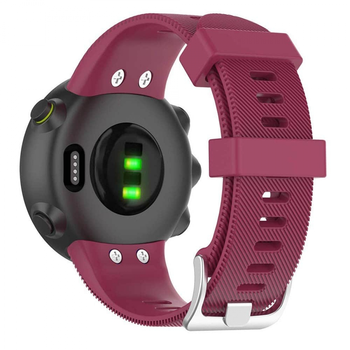 Smartwatch mit weinrotem Armband. Rückseite zeigt Herzfrequenzsensor.