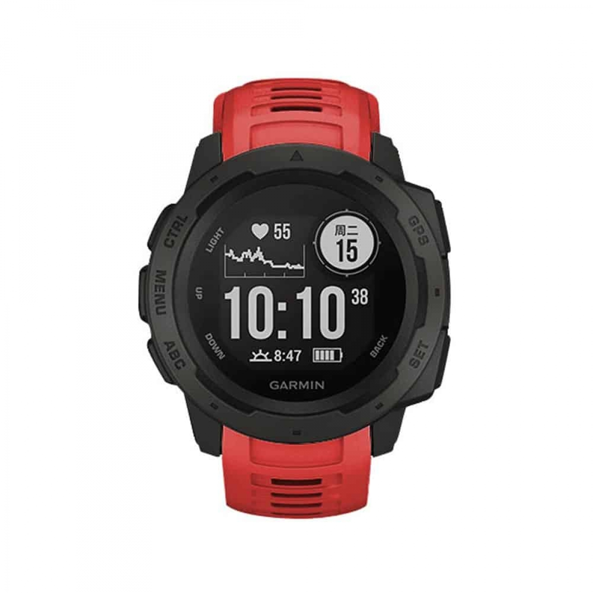 Schwarze Smartwatch mit rotem Armband. Der Bildschirm zeigt Zeit und Statistiken. Weißer Hintergrund.