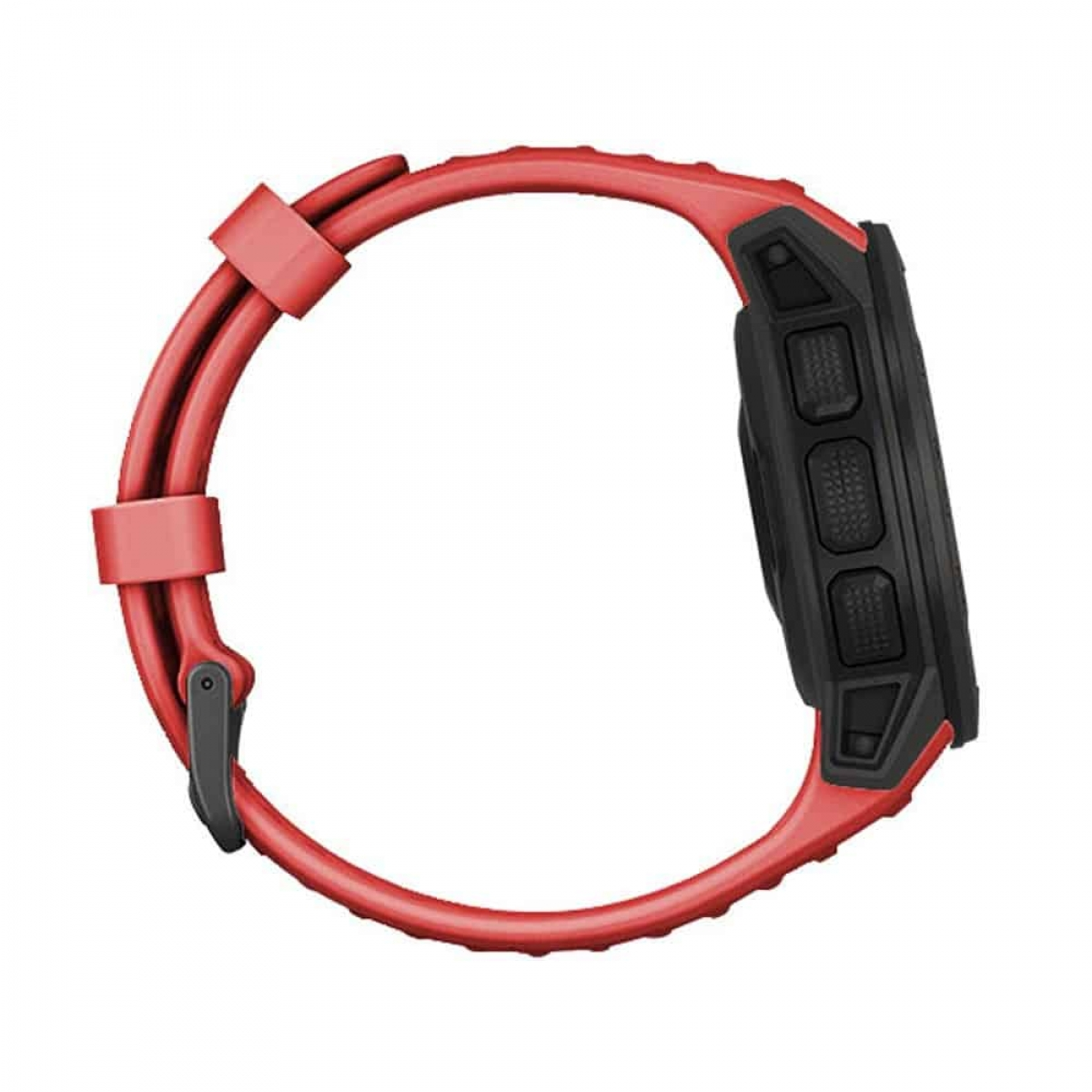 Rote Uhr mit schwarzen Akzenten, Seitenansicht, zeigt Armband und Zifferblatt.