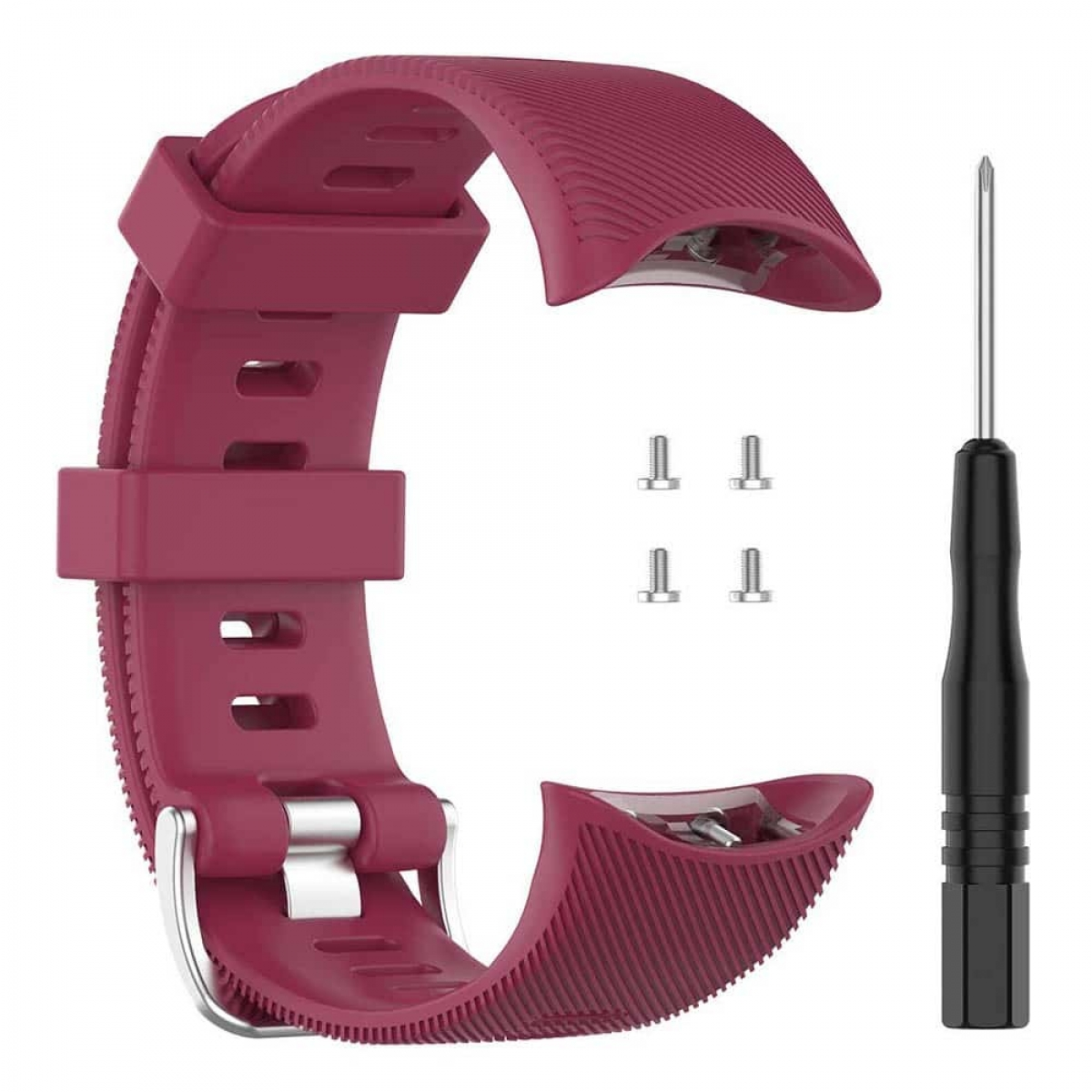 Ein weinrotes Armband mit Schraubendreher und Schrauben. Das Armband hat strukturierte Muster.